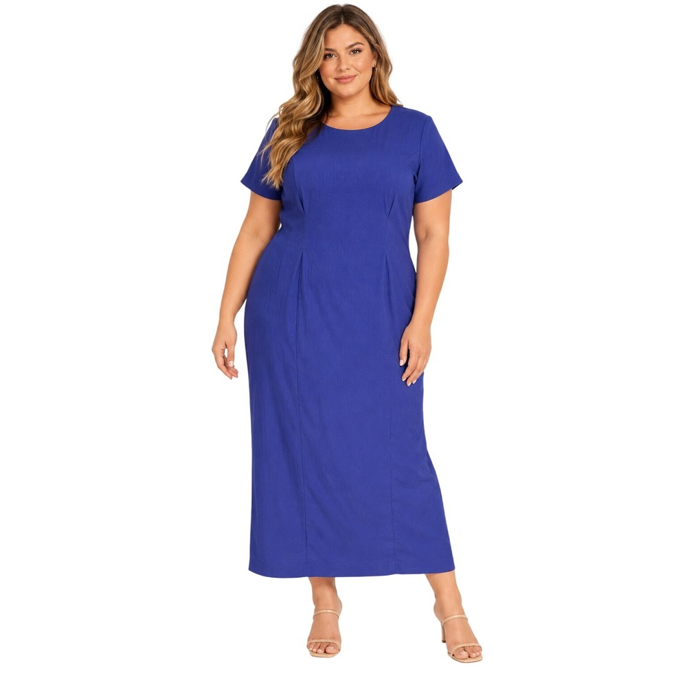 Adolfo Studio Sheath Dress XXL 2XL Royal Blue Purple Linen Blend Short Sleeve